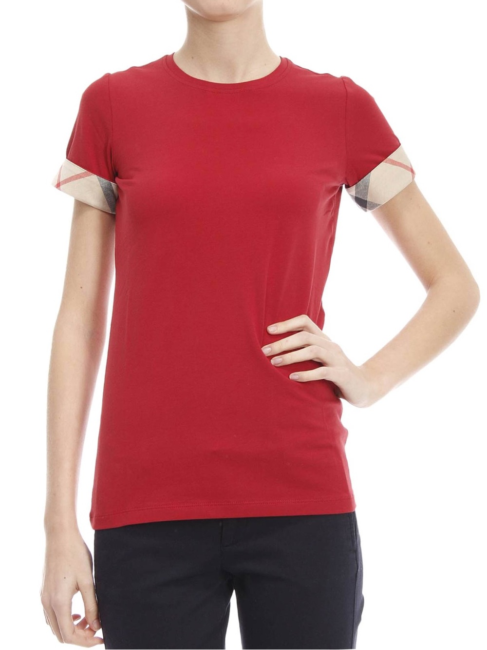 Burberry Red Short-Sleeve Crewneck Tee with Signature Check Cuffs